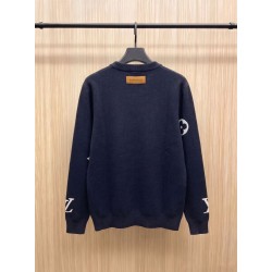 ルイ・ヴィトン モノグラム ＆ フラワー散りばめ クルーネック ニットセーター ネイビー メンズ レディース