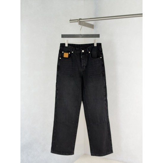 ルイ・ヴィトン SS26 ロゴ刺繍 ブラックウォッシュ ペインター カーゴデニムパンツ ワークパンツ ブラック メンズ レディース