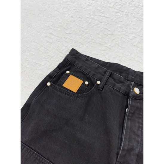 ルイ・ヴィトン SS26 ロゴ刺繍 ブラックウォッシュ ペインター カーゴデニムパンツ ワークパンツ ブラック メンズ レディース
