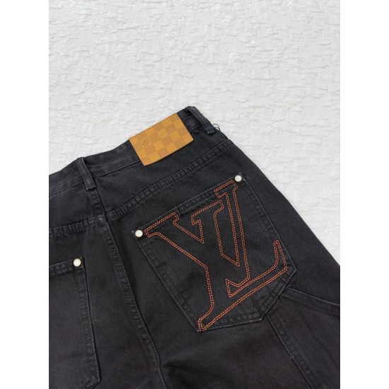 ルイ・ヴィトン SS26 ロゴ刺繍 ブラックウォッシュ ペインター カーゴデニムパンツ ワークパンツ ブラック メンズ レディース