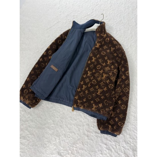 ルイ・ヴィトン SS26 Monogram リバーシブル フリースジャケット ボアブルゾン ブラウン×ネイビー メンズ レディース