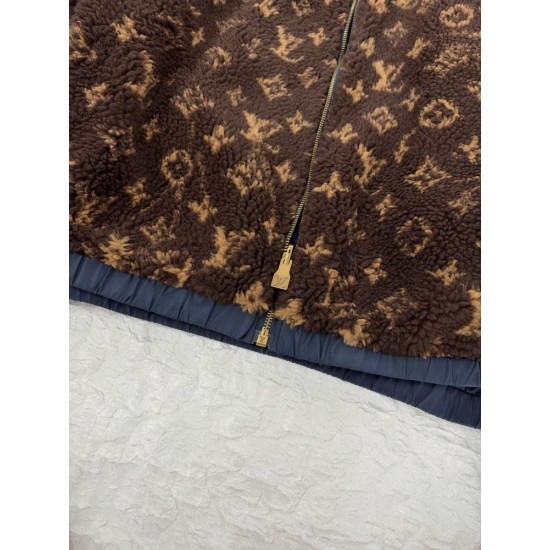 ルイ・ヴィトン SS26 Monogram リバーシブル フリースジャケット ボアブルゾン ブラウン×ネイビー メンズ レディース