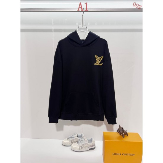 ルイ・ヴィトン 2026FW 450g 重工ウォッシュ ダメージ加工 前後万針ロゴ刺繍 プルオーバーフーディ パーカー グレー ブラック メンズ レディース