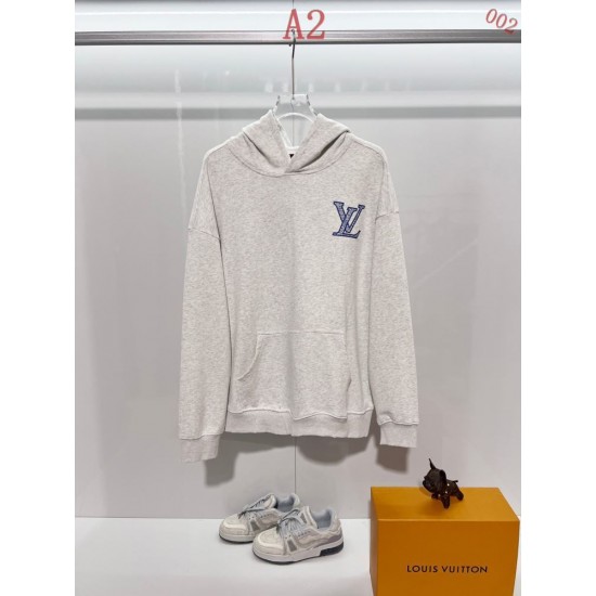 ルイ・ヴィトン 2026FW 450g 重工ウォッシュ ダメージ加工 前後万針ロゴ刺繍 プルオーバーフーディ パーカー グレー ブラック メンズ レディース