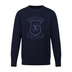 ルイ・ヴィトン 26FW クレストエンブレム 刺しゅうクルーネックニットセーター ネイビー メンズ レディース