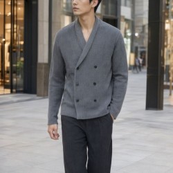 ルイ・ヴィトン 26FW ダブルブレスト ショールカラー ニットカーディガン グレー メンズ レディース