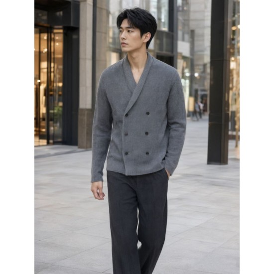 ルイ・ヴィトン 26FW ダブルブレスト ショールカラー ニットカーディガン グレー メンズ レディース