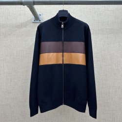 ルイ・ヴィトン FW26 レザーパッチワーク スタンドカラー ジップアップ ニットブルゾン ダークネイビー メンズ レディース