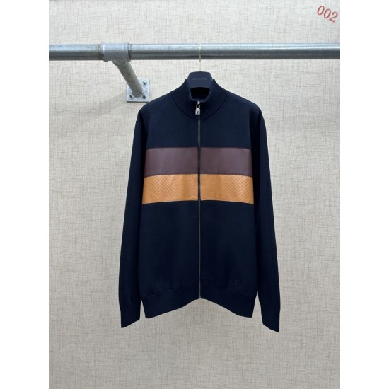 ルイ・ヴィトン FW26 レザーパッチワーク スタンドカラー ジップアップ ニットブルゾン ダークネイビー メンズ レディース