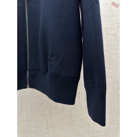 ルイ・ヴィトン FW26 レザーパッチワーク スタンドカラー ジップアップ ニットブルゾン ダークネイビー メンズ レディース