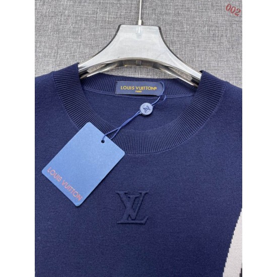 ルイ・ヴィトン 2026早秋 カラーブロック V字切替 LVロゴ刺繍 クルーネック 半袖ニットソー ネイビー系 メンズ レディース