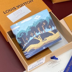 ルイヴィトン メンズ モノグラム 風景プリント ポルトフォイユ ミュルティプル 二つ折り財布 コンパクト財布 ブルー M3A085