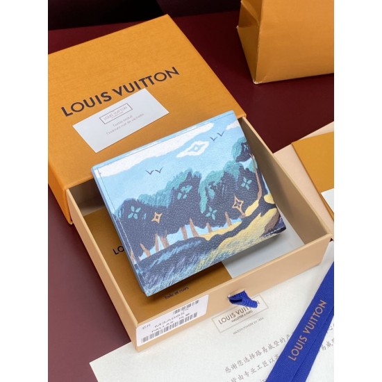 ルイヴィトン メンズ モノグラム 風景プリント ポルトフォイユ ミュルティプル 二つ折り財布 コンパクト財布 ブルー M3A085