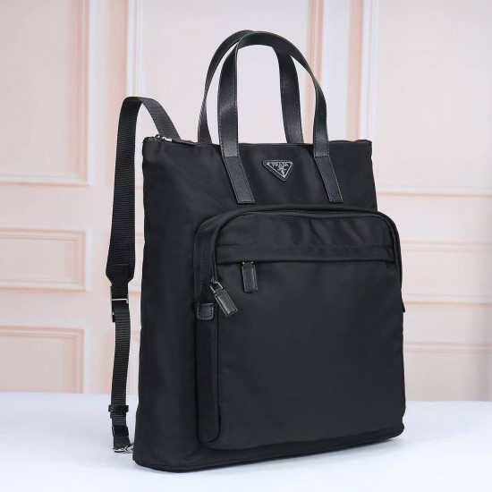 プラダ メンズ Re-Nylon サフィアーノレザー トライアングルロゴ 縦型 トートバッグ ビジネスバッグ ブラック 175代工 男女兼用