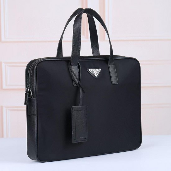 プラダ メンズ Re-Nylon サフィアーノレザー トライアングルロゴ 横型 2WAY ブリーフケース ビジネスバッグ ブラック 175代工 男女兼用