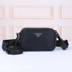 プラダ メンズ Re-Nylon サフィアーノレザー ミニポーチ付き トライアングルロゴ ショルダーバッグ カメラバッグ ブラック 175代工 男女兼用