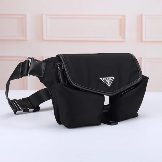 プラダ メンズ Re-Nylon サフィアーノレザー フラップ トライアングルロゴ バムバッグ ウエストバッグ ボディバッグ ブラック 175代工 男女兼用