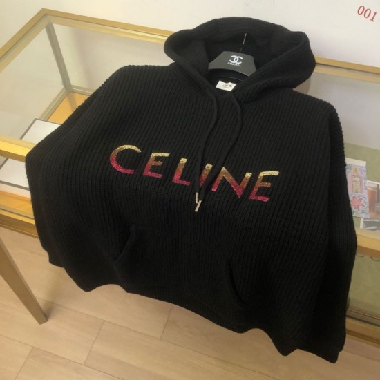 CELINE セリーヌ 渐变亮片刺绣 100%ウール フーデッドニットブルゾン 连帽ニット外套 黒 男女兼用 メンズ レディース