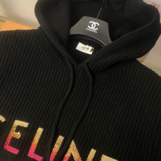CELINE セリーヌ 渐变亮片刺绣 100%ウール フーデッドニットブルゾン 连帽ニット外套 黒 男女兼用 メンズ レディース