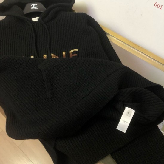 CELINE セリーヌ 渐变亮片刺绣 100%ウール フーデッドニットブルゾン 连帽ニット外套 黒 男女兼用 メンズ レディース