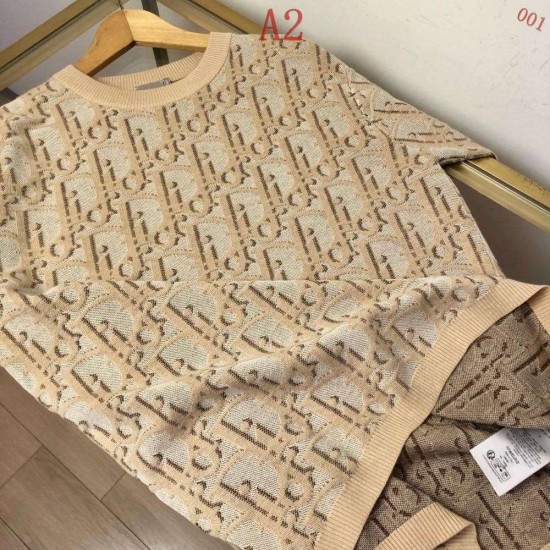 DIOR ディオール Oblique オブリーク 総柄 コットン混紡 ニットTシャツ 短袖T恤 2307 蓝色 卡其色 男女兼用 メンズ レディース