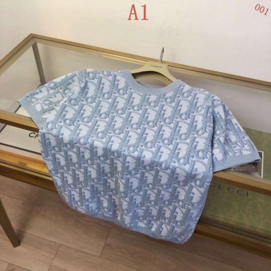 DIOR ディオール Oblique オブリーク 総柄 コットン混紡 ニットTシャツ 短袖T恤 2307 蓝色 卡其色 男女兼用 メンズ レディース