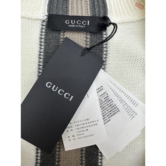 GUCCI グッチ 2026秋冬新作 センターリブ 織りストライプ フルジップ ウールニットセーター クリーム白 男女兼用