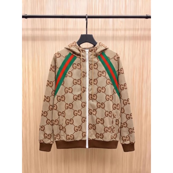 GUCCI グッチ 2026早春新作 ジャンボGG スーパーGG 総柄 ウェビングライン（赤緑） ジップアップ フーディ パーカー キャメル 男女兼用