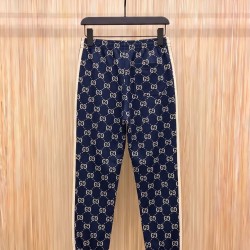 GUCCI グッチ ダブルG 総柄 サイドリボン ジョガーパンツ トラックパンツ ブルー×レッド 男女兼用