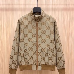GUCCI グッチ ダブルG GGキャンバス レザーディテール スタンドカラー ジップアップ ジャケット ブルゾン ベージュ×エボニー 男女兼用