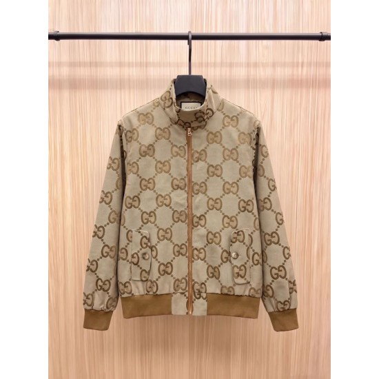 GUCCI グッチ ダブルG GGキャンバス レザーディテール スタンドカラー ジップアップ ジャケット ブルゾン ベージュ×エボニー 男女兼用