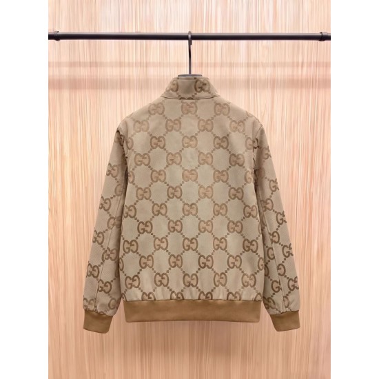 GUCCI グッチ ダブルG GGキャンバス レザーディテール スタンドカラー ジップアップ ジャケット ブルゾン ベージュ×エボニー 男女兼用
