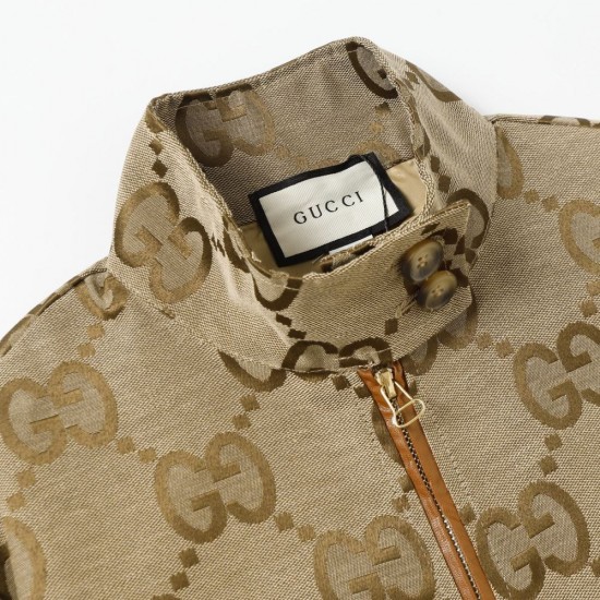 GUCCI グッチ ダブルG GGキャンバス レザーディテール スタンドカラー ジップアップ ジャケット ブルゾン ベージュ×エボニー 男女兼用