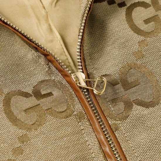 GUCCI グッチ ダブルG GGキャンバス レザーディテール スタンドカラー ジップアップ ジャケット ブルゾン ベージュ×エボニー 男女兼用