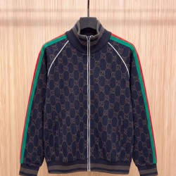 GUCCI グッチ 早春コレクション GG総柄 ニットジャージ トラックジャケット ブルゾン ダークネイビー×グレー 男女兼用