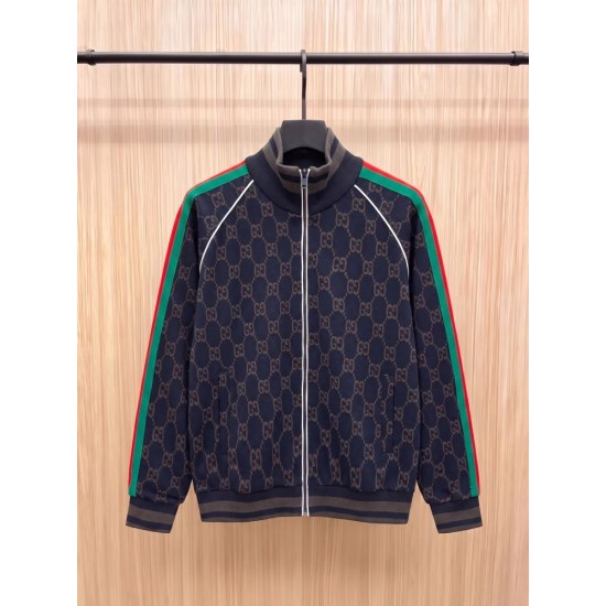 GUCCI グッチ 早春コレクション GG総柄 ニットジャージ トラックジャケット ブルゾン ダークネイビー×グレー 男女兼用