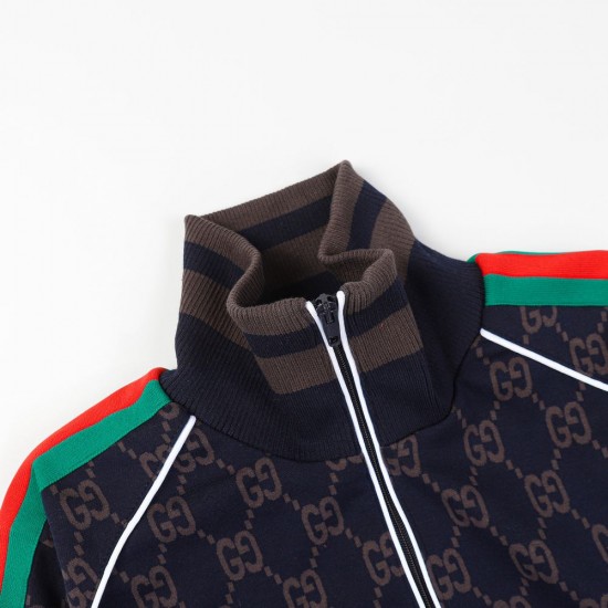 GUCCI グッチ 早春コレクション GG総柄 ニットジャージ トラックジャケット ブルゾン ダークネイビー×グレー 男女兼用