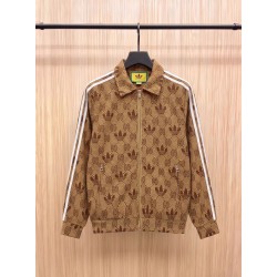 GUCCI × adidas グッチ アディダス コラボ ダブルG トレフォイル 三つ葉ロゴ 総柄 トラックジャケット ブルゾン キャメル 男女兼用