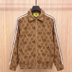 GUCCI × adidas グッチ アディダス コラボ ダブルG トレフォイル 三つ葉ロゴ 総柄 トラックジャケット ブルゾン キャメル 男女兼用