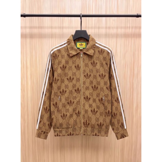 GUCCI × adidas グッチ アディダス コラボ ダブルG トレフォイル 三つ葉ロゴ 総柄 トラックジャケット ブルゾン キャメル 男女兼用