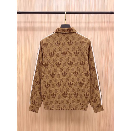 GUCCI × adidas グッチ アディダス コラボ ダブルG トレフォイル 三つ葉ロゴ 総柄 トラックジャケット ブルゾン キャメル 男女兼用