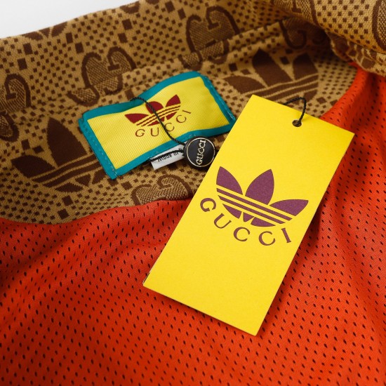 GUCCI × adidas グッチ アディダス コラボ ダブルG トレフォイル 三つ葉ロゴ 総柄 トラックジャケット ブルゾン キャメル 男女兼用