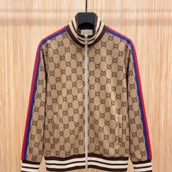GUCCI グッチ 最新秋冬モデル ダブルG総柄 レッド＆ブルー ウェビングライン スタンドカラー トラックジャケット ジャージ ブルゾン キャメル 男女兼用