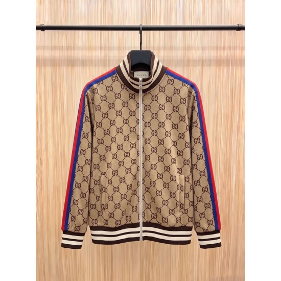 GUCCI グッチ 最新秋冬モデル ダブルG総柄 レッド＆ブルー ウェビングライン スタンドカラー トラックジャケット ジャージ ブルゾン キャメル 男女兼用