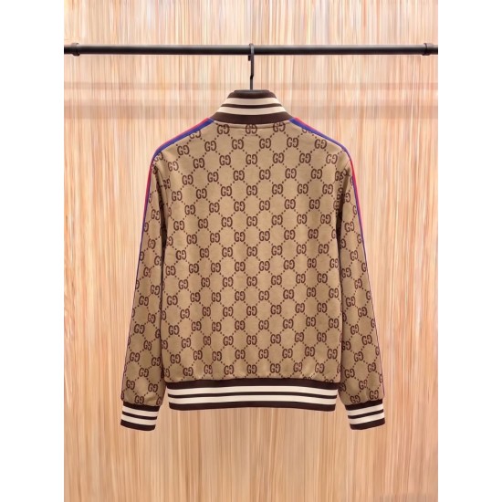 GUCCI グッチ 最新秋冬モデル ダブルG総柄 レッド＆ブルー ウェビングライン スタンドカラー トラックジャケット ジャージ ブルゾン キャメル 男女兼用