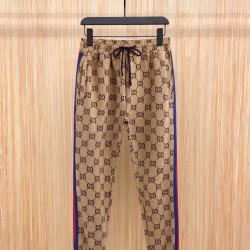 GUCCI グッチ 最新秋冬モデル ダブルG総柄 レッド＆ブルー ウェビングライン ジョガーパンツ トラックパンツ キャメル 男女兼用