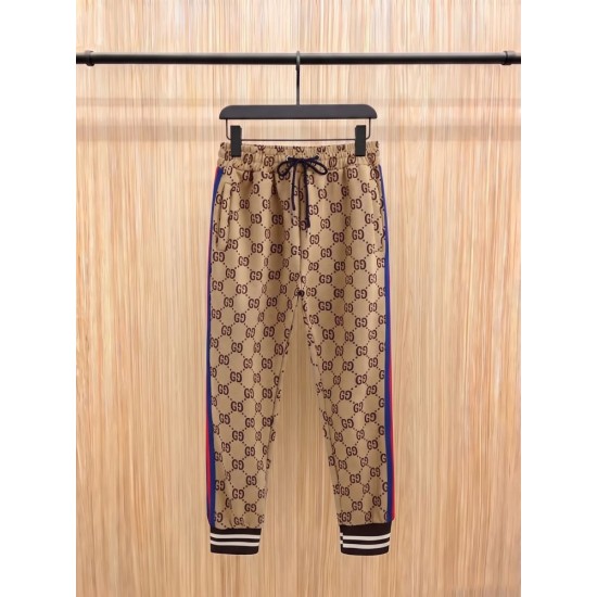 GUCCI グッチ 最新秋冬モデル ダブルG総柄 レッド＆ブルー ウェビングライン ジョガーパンツ トラックパンツ キャメル 男女兼用