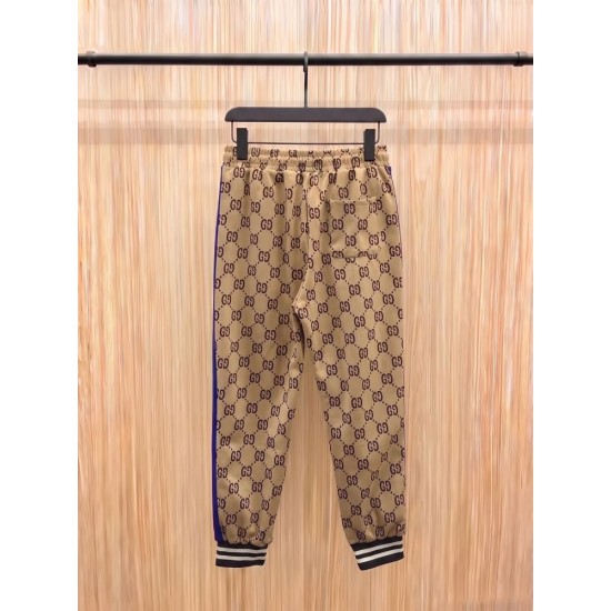 GUCCI グッチ 最新秋冬モデル ダブルG総柄 レッド＆ブルー ウェビングライン ジョガーパンツ トラックパンツ キャメル 男女兼用