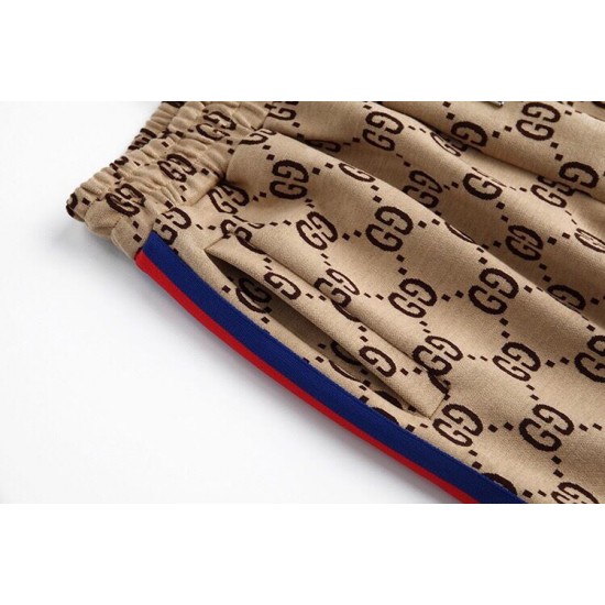 GUCCI グッチ 最新秋冬モデル ダブルG総柄 レッド＆ブルー ウェビングライン ジョガーパンツ トラックパンツ キャメル 男女兼用