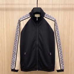 GUCCI グッチ 暗紋GGロゴ ジャカード パイソン調スリーブ 切替 スタンドカラー トラックジャケット ジップアップ ブルゾン ブラック 男女兼用